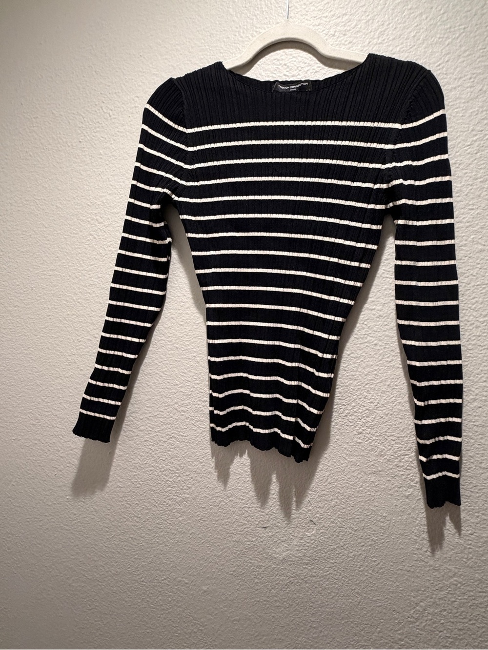 French Connection Black and White Striped Ribbed Long-Sleeve Top